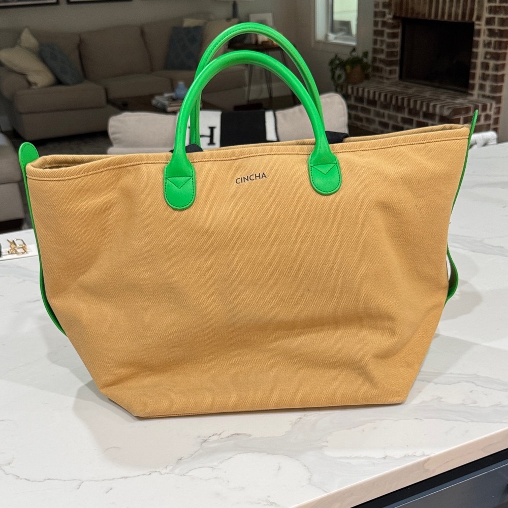 Cinch Tan Tote with Green Handles